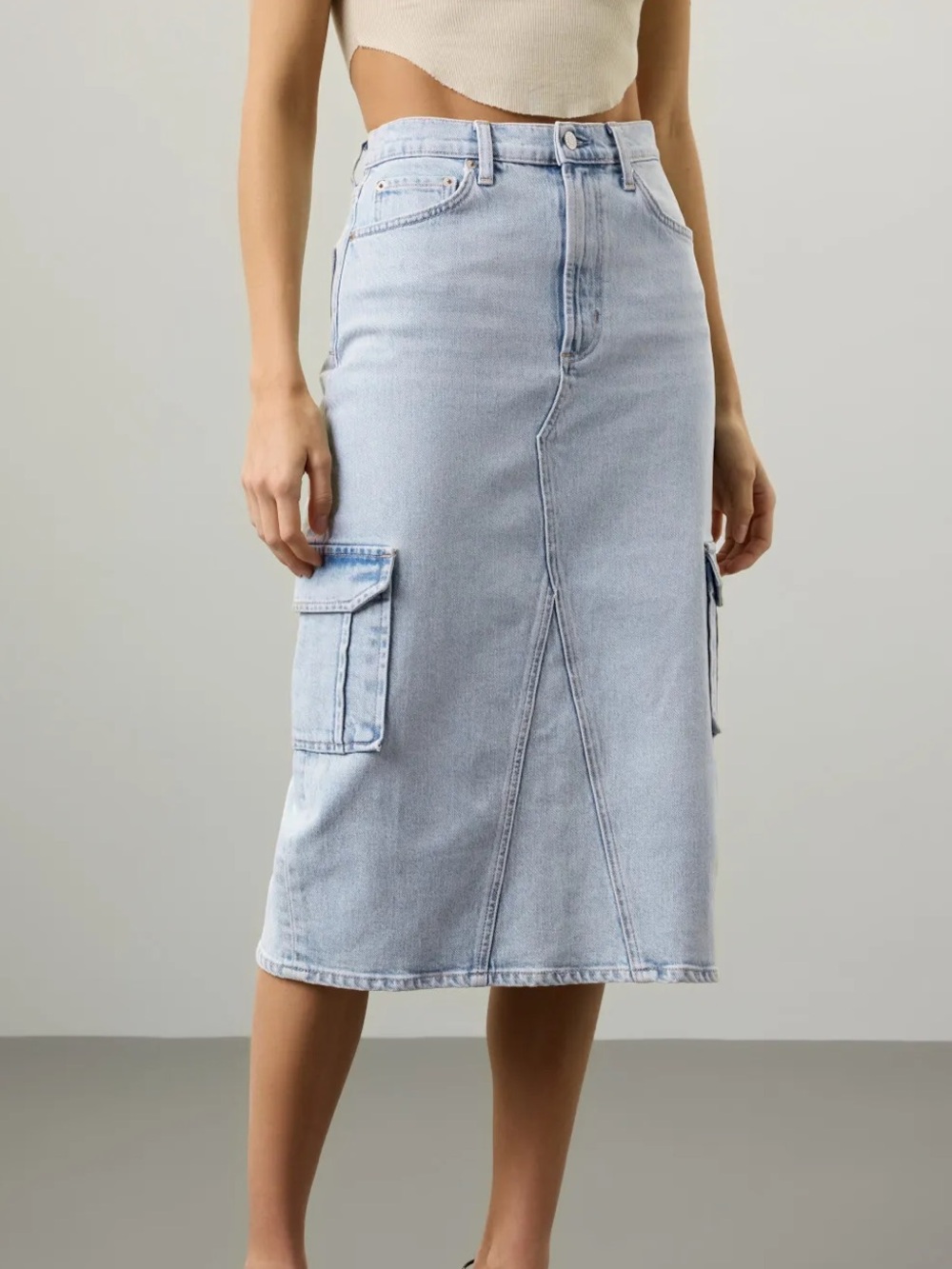 Rails Highland Cargo Denim Midi Skirt Light Wash Blue Size 29 Utility Y2K